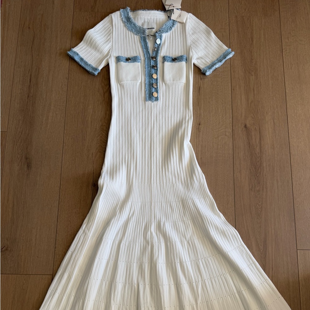 Sandro Denim Trim Knitted White Maxi Dress